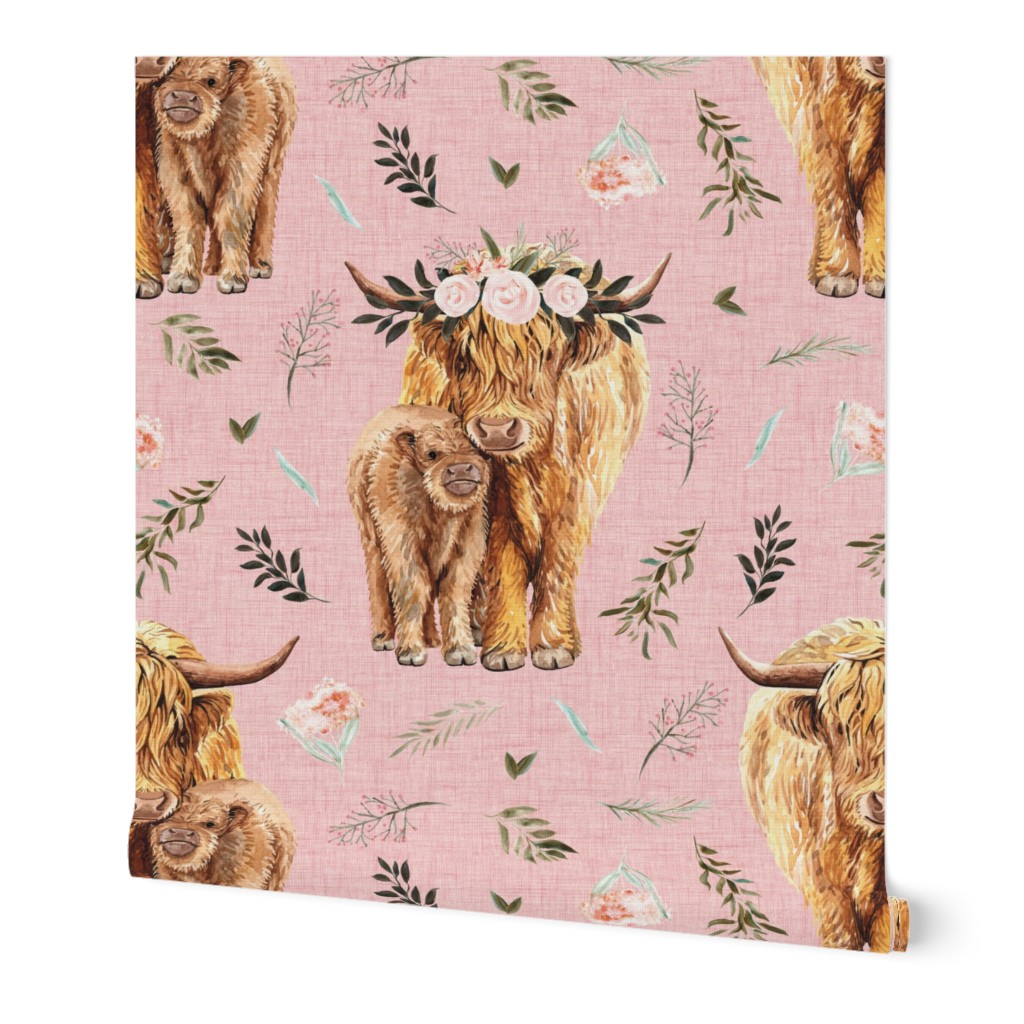 7" pink highland cows with leaves and pink floral