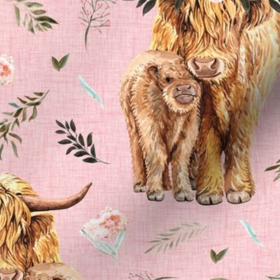 7" pink highland cows with leaves and pink floral