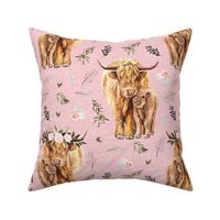 7" pink highland cows with leaves and pink floral