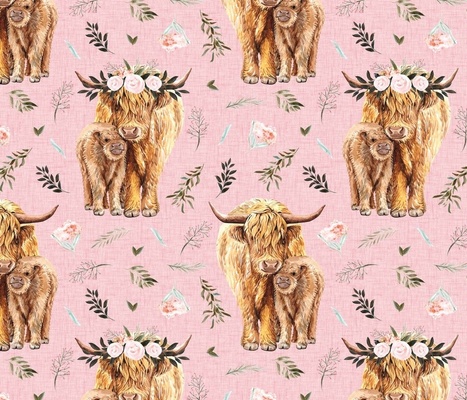 Highland Cow Brown Floral Fabric Highland Cows With Leaves and Maroon  Floral by Karolina Papiez Highland Cow Fabric With Spoonflower 