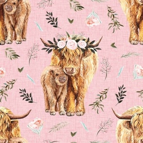 7" pink highland cows with leaves and pink floral