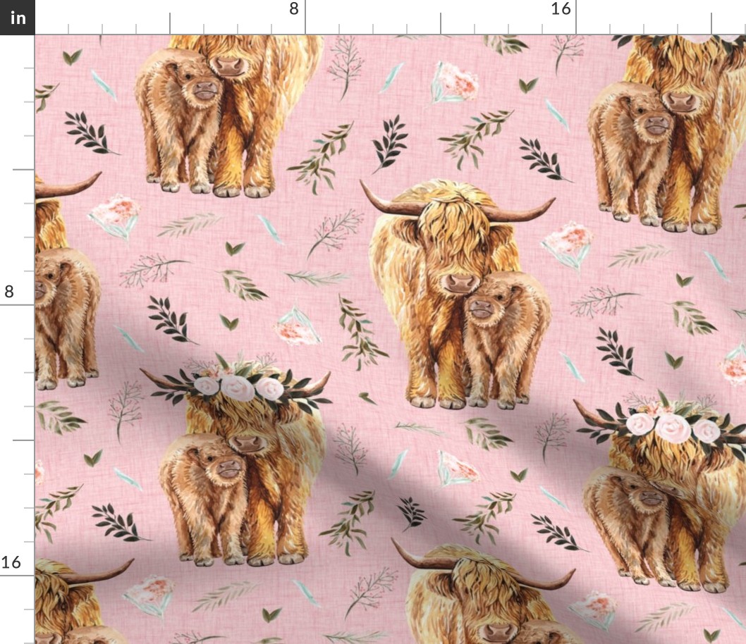 7 pink highland cows with leaves and Fabric