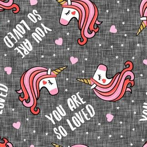 You are so loved - Valentines Day Unicorns - hearts and stars - grey - LAD19