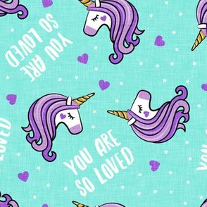 You are so loved - Valentines Day Unicorns - hearts and stars - teal - LAD19