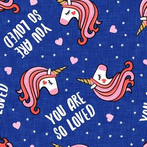 You are so loved - Valentines Day Unicorns - hearts and stars - blue - LAD19