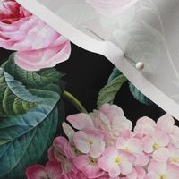 Small - Vintage Summer Dark Night Romanticism:  Maximalism Moody Florals- Antiqued Pink Redouté Roses And Hydrangea Bouquets With Fern Leaves Nostalgic - Gothic Mystic Night-  Antique Botany Wallpaper and Victorian Goth Mystic inspired
