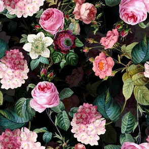Small - Vintage Summer Dark Night Romanticism:  Maximalism Moody Florals- Antiqued Pink Redouté Roses And Hydrangea Bouquets With Fern Leaves Nostalgic - Gothic Mystic Night-  Antique Botany Wallpaper and Victorian Goth Mystic inspired
