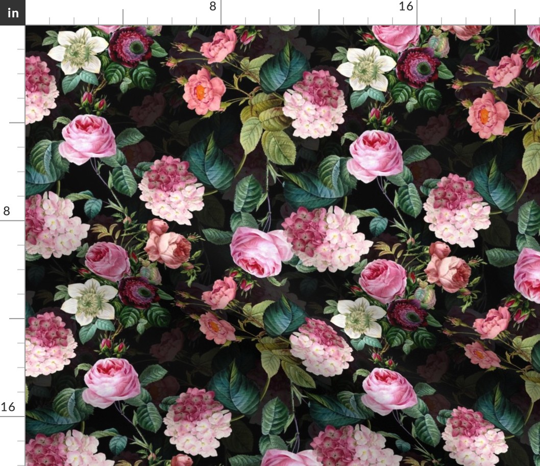 Small - Vintage Summer Dark Night Romanticism:  Maximalism Moody Florals- Antiqued Pink Redouté Roses And Hydrangea Bouquets With Fern Leaves Nostalgic - Gothic Mystic Night-  Antique Botany Wallpaper and Victorian Goth Mystic inspired