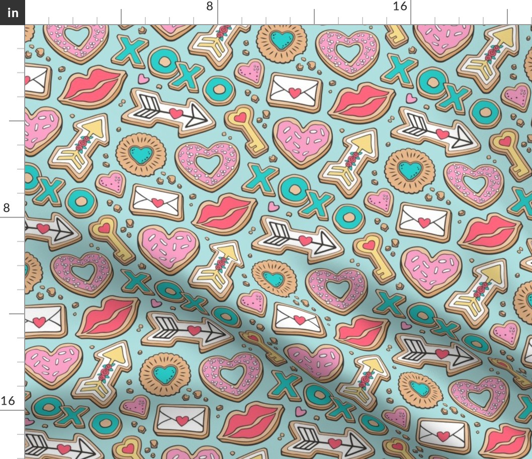 Valentine Cookies Candy Sweets Food on Light Blue