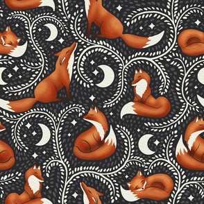 LARGE SCALE sleepy fox in midnight garden| dreamy orange fox, woodland collection | nursery decor, kids apparel, wallpaper