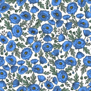 poppies floral fabric - poppy flower, spring floral fabric, autumn floral fabric, baby fabric, nursery fabric, poppies nursery, baby girl bedding - classic blue