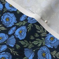 poppies floral fabric - poppy flower, spring floral fabric, autumn floral fabric, baby fabric, nursery fabric, poppies nursery, baby girl bedding - dark blue
