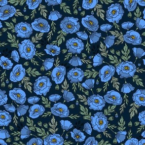 poppies floral fabric - poppy flower, spring floral fabric, autumn floral fabric, baby fabric, nursery fabric, poppies nursery, baby girl bedding - dark blue