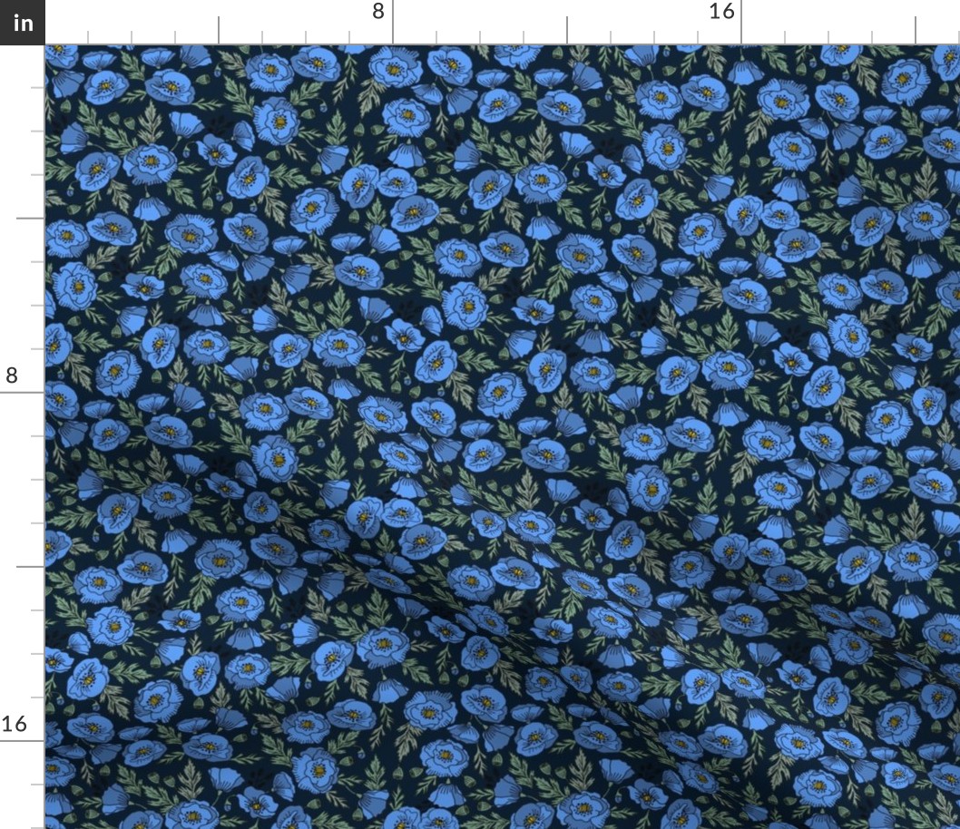 poppies floral fabric - poppy flower, spring floral fabric, autumn floral fabric, baby fabric, nursery fabric, poppies nursery, baby girl bedding - dark blue