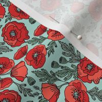 poppies floral fabric - poppy flower, spring floral fabric, autumn floral fabric, baby fabric, nursery fabric, poppies nursery, baby girl bedding - mint