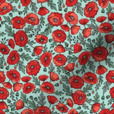 poppies floral fabric - poppy flower, spring floral fabric, autumn floral fabric, baby fabric, nursery fabric, poppies nursery, baby girl bedding - mint
