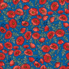 poppies floral fabric - poppy flower, spring floral fabric, autumn floral fabric, baby fabric, nursery fabric, poppies nursery, baby girl bedding - blue and red