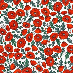 poppies floral fabric - poppy flower, spring floral fabric, autumn floral fabric, baby fabric, nursery fabric, poppies nursery, baby girl bedding - red