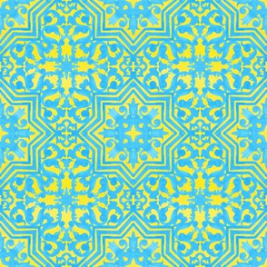 Portuguese azulejos tile. Blue, yellow Azulejo Ceramic.