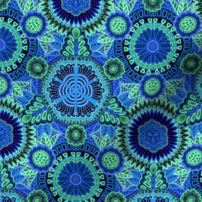 Kaleidoscopic Floral Dark Blue and Green medium scale