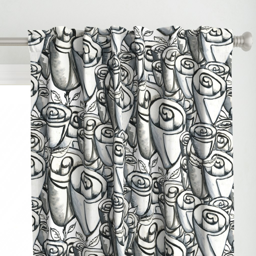 hand painted funky quirky roses, large scale, black white and gray grey