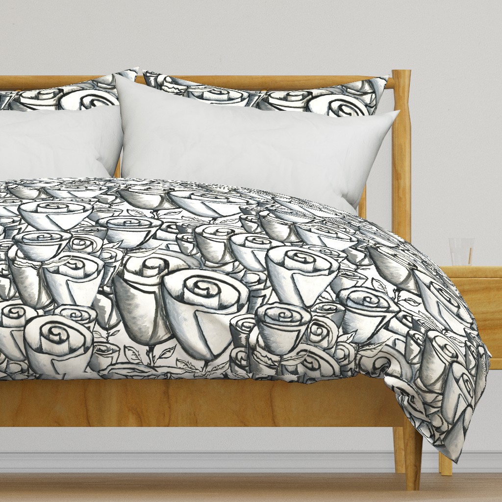 hand painted funky quirky roses, large scale, black white and gray grey