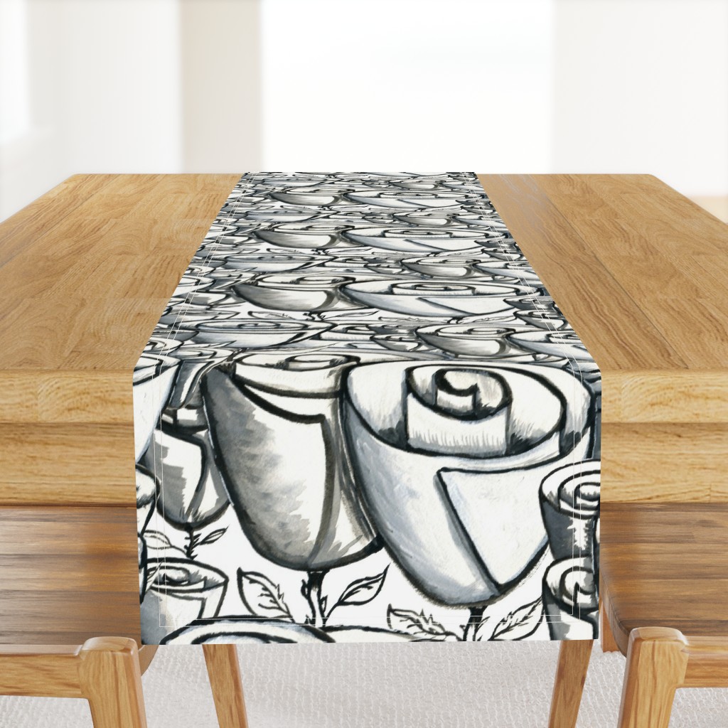 hand painted funky quirky roses, large scale, black white and gray grey