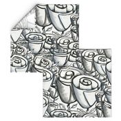 hand painted funky quirky roses, large scale, black white and gray grey