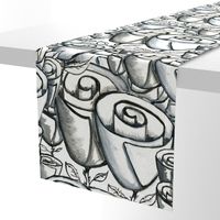 hand painted funky quirky roses, large scale, black white and gray grey