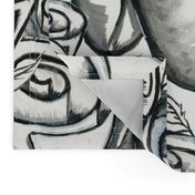 hand painted funky quirky roses, large scale, black white and gray grey