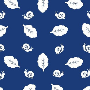 Blue and white leaves and snails pattern