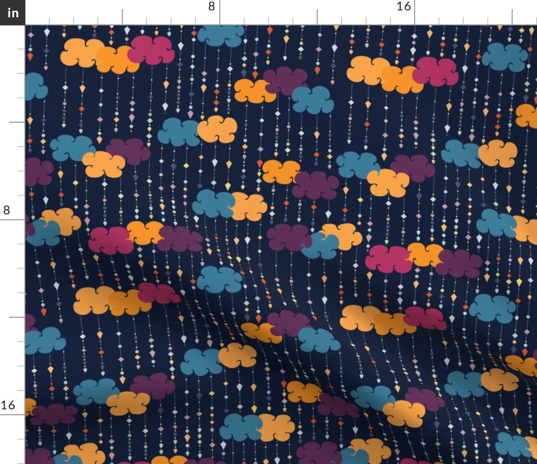 Orange Purple blue clouds with Raining Beads, Rainbow rain drops