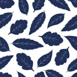 Blue leaves silhouette pattern on white