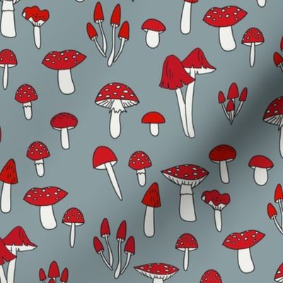 mushroom fabric - fungi fabric, toadstools fabric, waldorf kids fabric, baby montessori fabric - slate