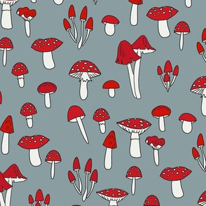 mushroom fabric - fungi fabric, toadstools fabric, waldorf kids fabric, baby montessori fabric - slate