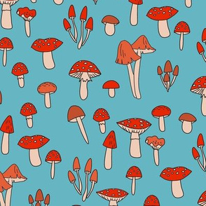 mushroom fabric - fungi fabric, toadstools fabric, waldorf kids fabric, baby montessori fabric - blue