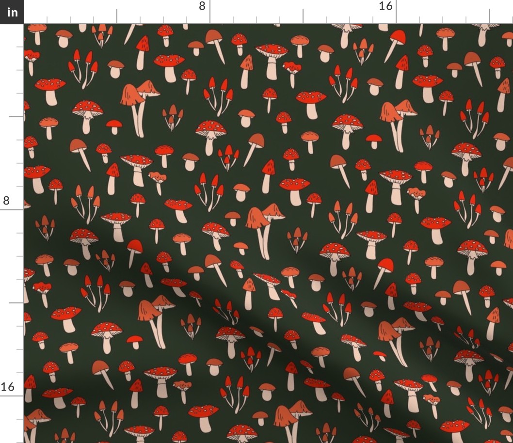 mushroom fabric - fungi fabric, toadstools fabric, waldorf kids fabric, baby montessori fabric - black