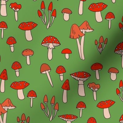 mushroom fabric - fungi fabric, toadstools fabric, waldorf kids fabric, baby montessori fabric -green