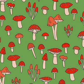 mushroom fabric - fungi fabric, toadstools fabric, waldorf kids fabric, baby montessori fabric -green