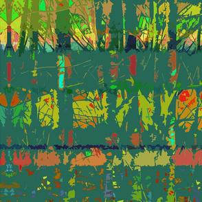 Abstract Forest Trees in Green and Orange  