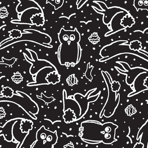 BW Painterly bunnies Owls and Birds ~ ©Claudette MacLean Oh My!TILE