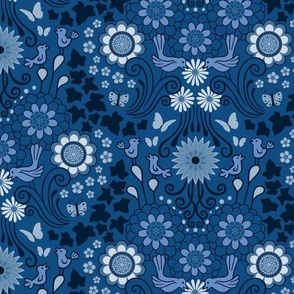 Decorative Garden Scene Classic Blue