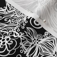 Good Energy Art White Bird on Black  Damask