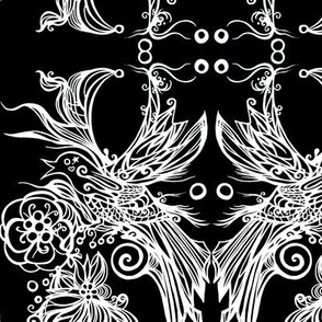 Good Energy Art White Bird on Black  Damask