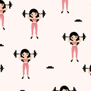 Crossfit girls weight lifting woman illustration for gym addicts and fit women off white pink