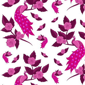 Pink Peacocks and roses (White background)