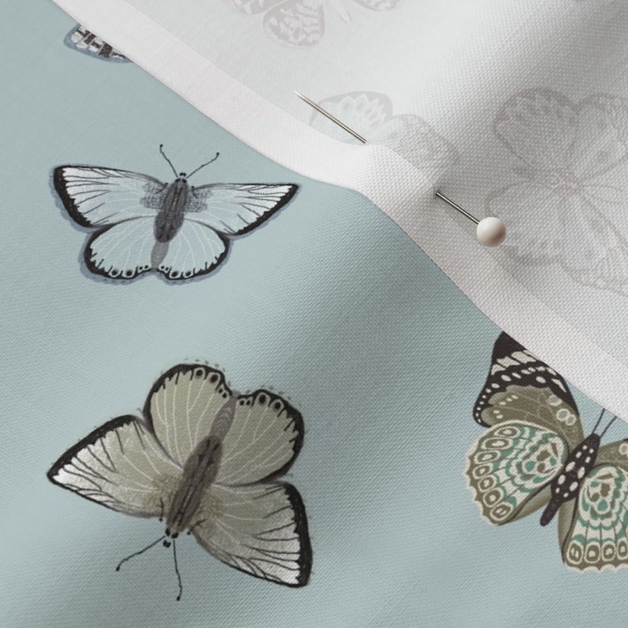 butterflies fabric - baby bedding, baby girl fabric, baby fabric, nursery fabric, butterflies fabric, muted colors fabric, earth toned fabric -  blue mist sfx4405