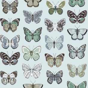 butterflies fabric - baby bedding, baby girl fabric, baby fabric, nursery fabric, butterflies fabric, muted colors fabric, earth toned fabric - light blue butterflies