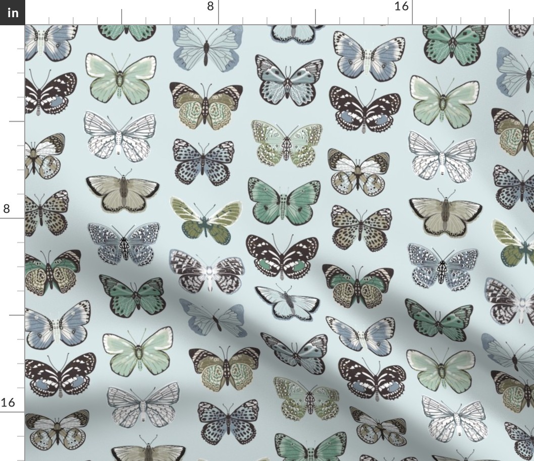 butterflies fabric - baby bedding, baby girl fabric, baby fabric, nursery fabric, butterflies fabric, muted colors fabric, earth toned fabric - light blue butterflies