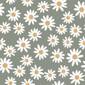 daisy print fabric - daisies, daisy fabric, baby fabric, spring fabric, baby girl, earthy - deep sage
